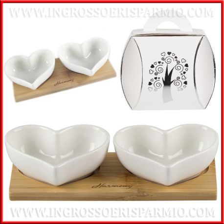 Set 2pz Ciotoline Aperitivo Antipastiere Cuore Ceramica E Legno Doni Bomboniere Srl