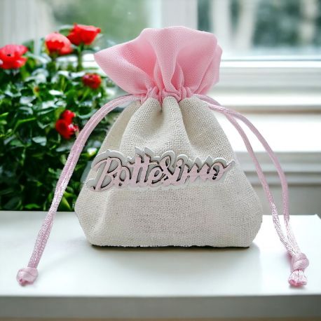 BATTESIMO BAG: SACCHETTO BEIGE E ROSA PORTA CONFETTI PER BAMBINA