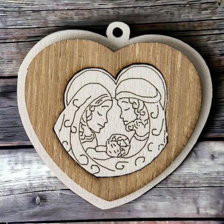 APPLICAZIONE IN LEGNO A FORMA DI CUORE CON SACRA FAMIGLIA