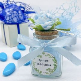 BARATTOLINO PORTACONFETTI CON FIORE CELESTE - BOMBONIERA ELEGANTE E PERSONALIZZABILE PER OGNI OCCASIONE SPECIALE