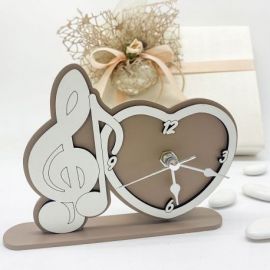 OROLOGIO CON CUORE E NOTA MUSICALE BOMBONIERA IN LEGNO PER COMUNIONE E MATRIMONIO