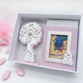 SET REGALO OROLOGIO DA TAVOLO + CORNICE ROSA CON ORSETTO IDEA BOMBONIERE BATTESIMO FEMMINUCCIA 2022