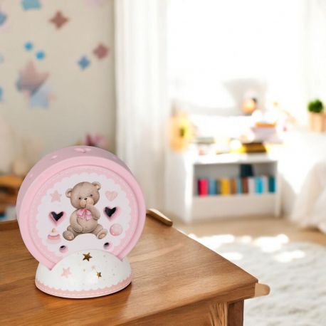 LAMPADA LED CON ORSETTO CON FIOCCO ROSA, BATTESIMO BIMBA